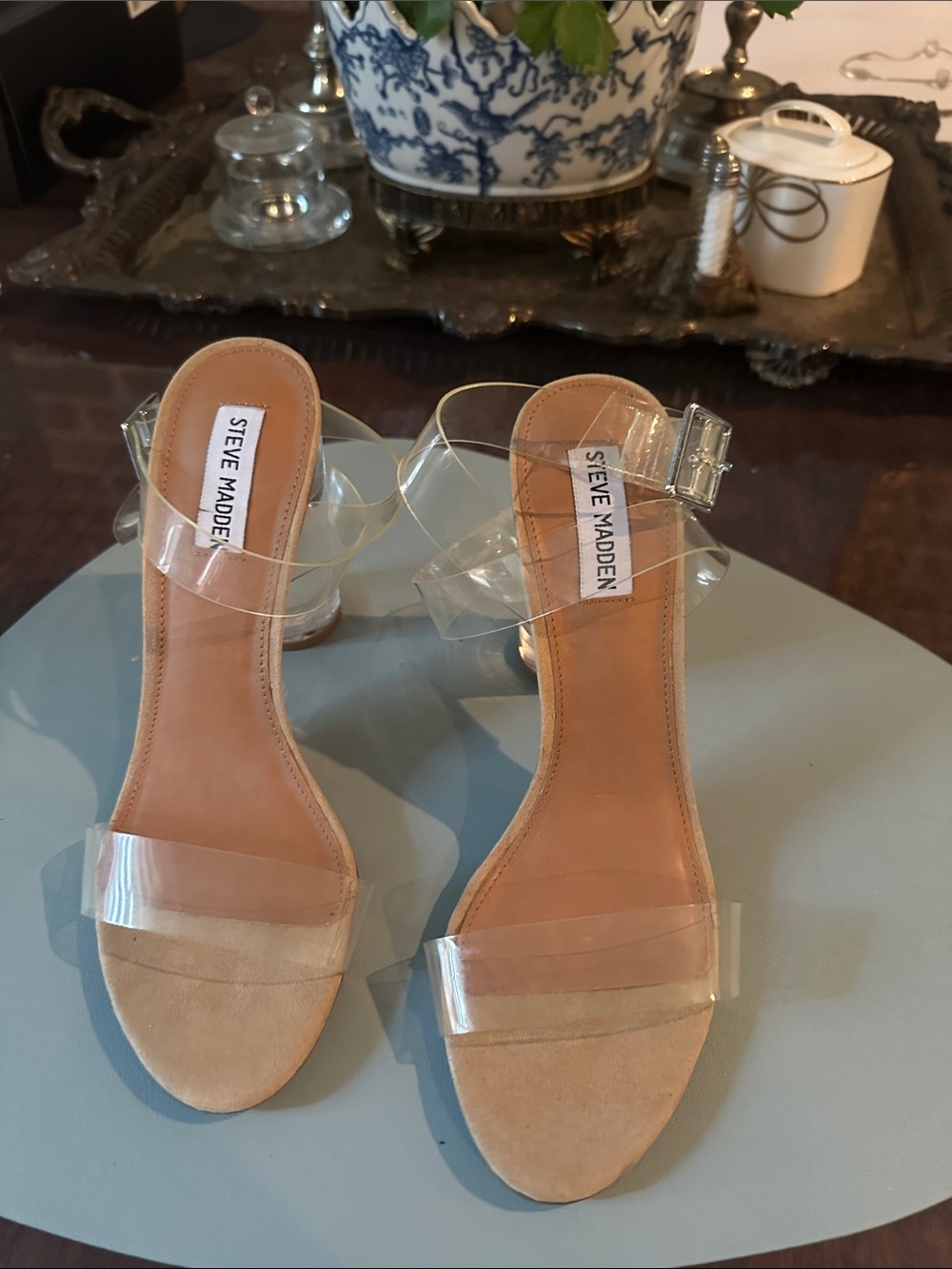 Steve Madden Camille Clear Strap Nude Block Heel Sandals. NWT Size 10